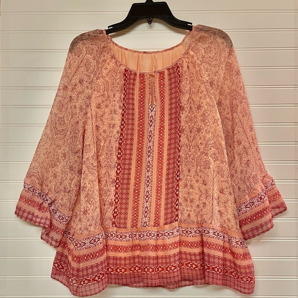 St. John's Bay Women's Large Chiffon Tunic Blouse Peach Pink 3/4 Sleeve